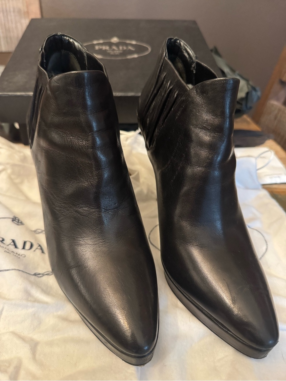 Prada Black Leather Pointed Platform Ankle Booties 37/7 - Picture 3 of 8